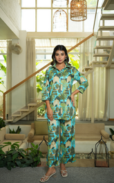 Blue Green Women Printed Coord Set With Collar