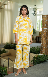 White & Yellow Printed Cotton Co-ord Set With Pocket