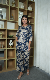 Navy Blue Print Cotton Women Co-ord Set