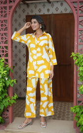 Yellow Floral Printed Cotton Co-ord Set With Pocket