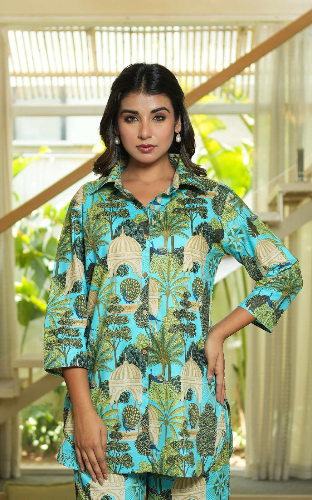 Blue Green Women Printed Coord Set With Collar