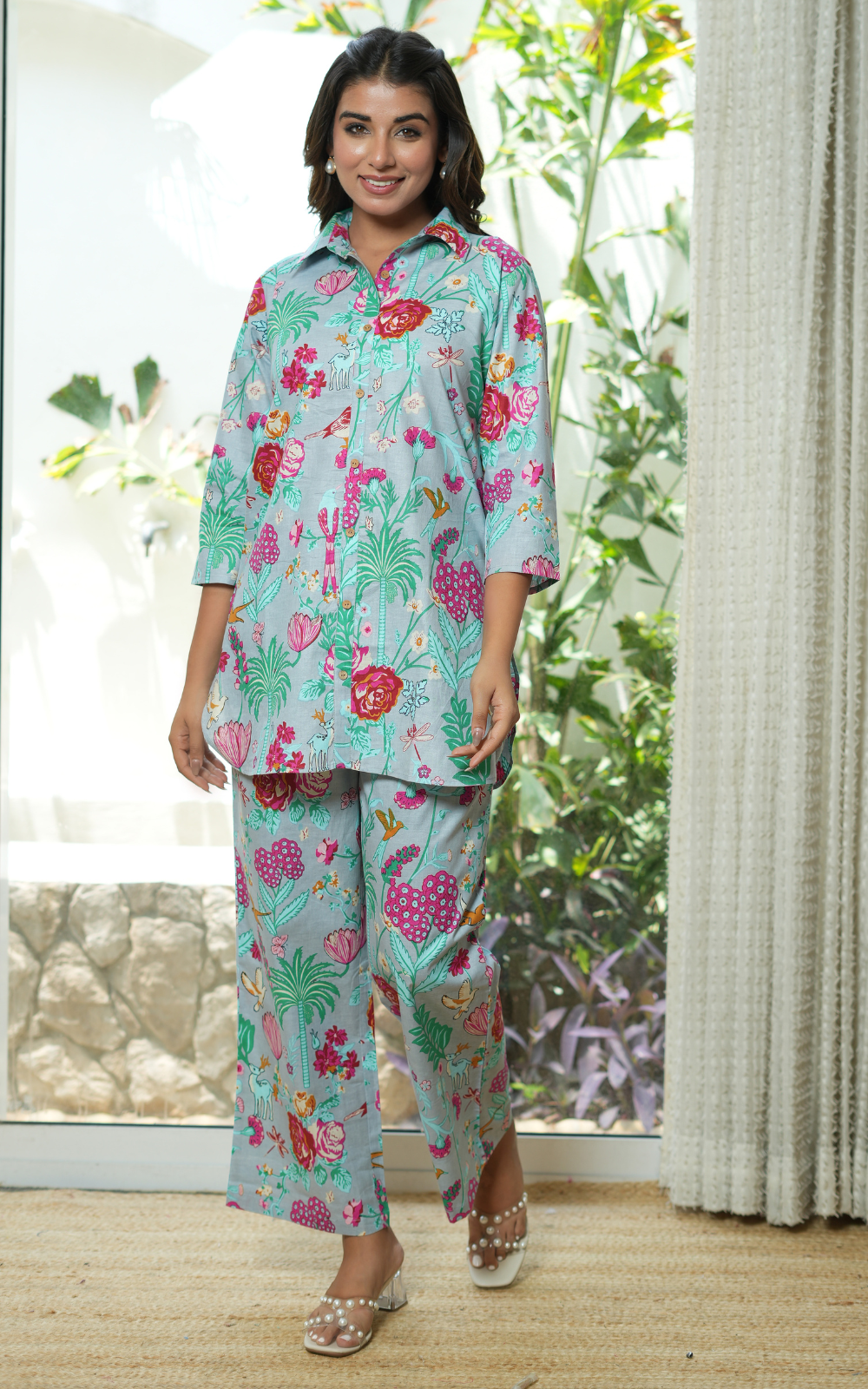 Light Grey Printed Cotton Co-ord Set With Pocket