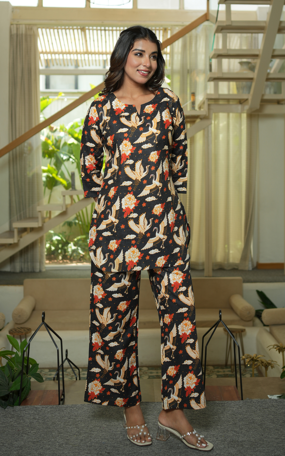 Midnight Crane Print Cotton Women Co-ord Set