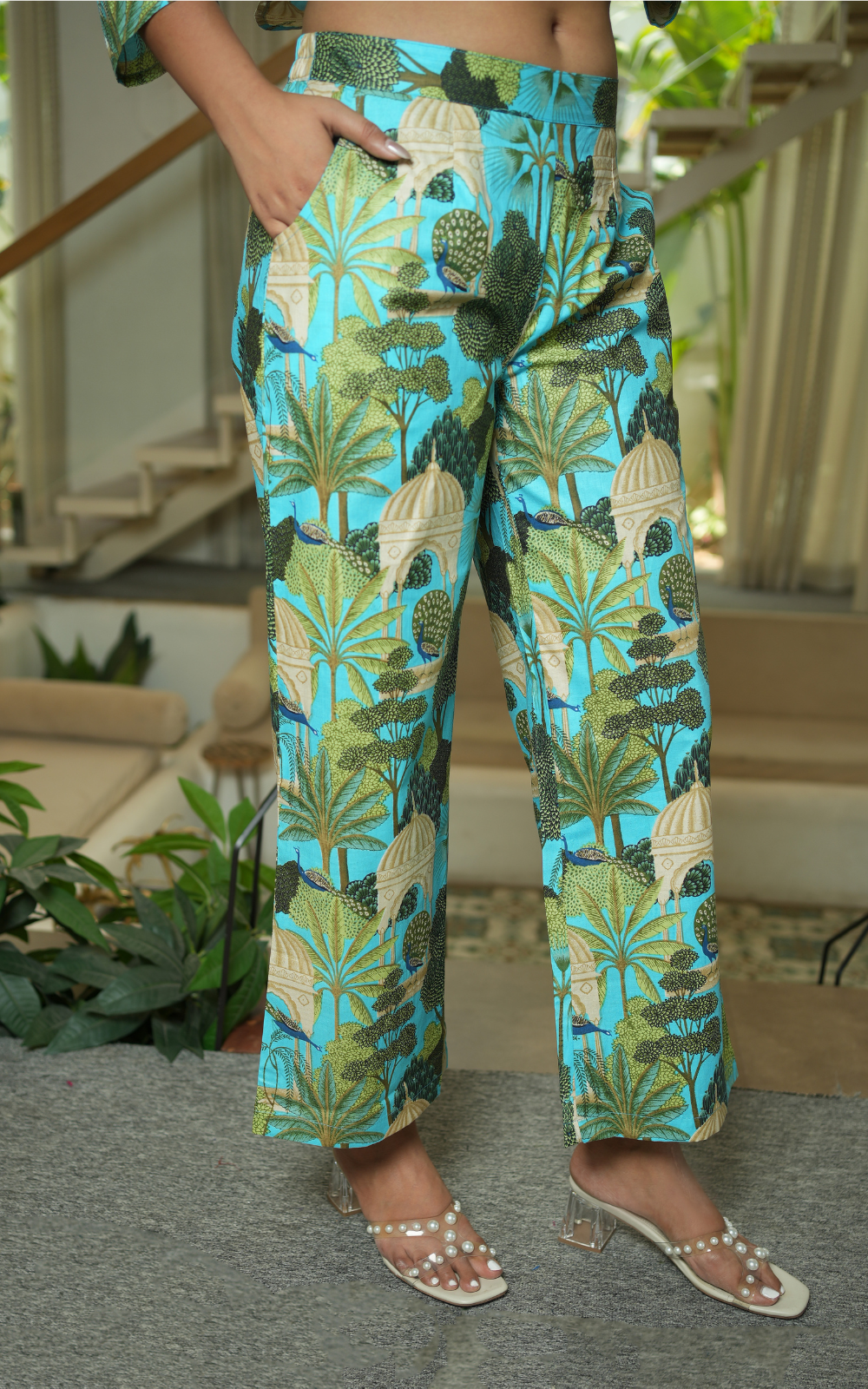Blue Green Women Printed Coord Set With Collar