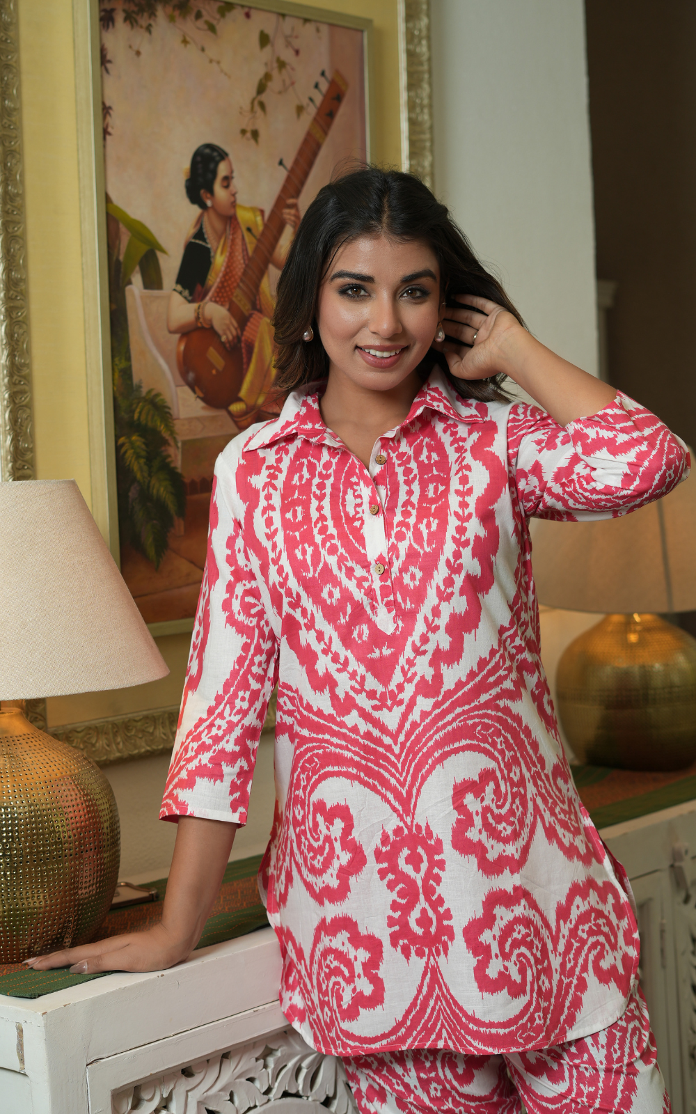 White & Pink Printed Cotton Co-ord Set With Pocket